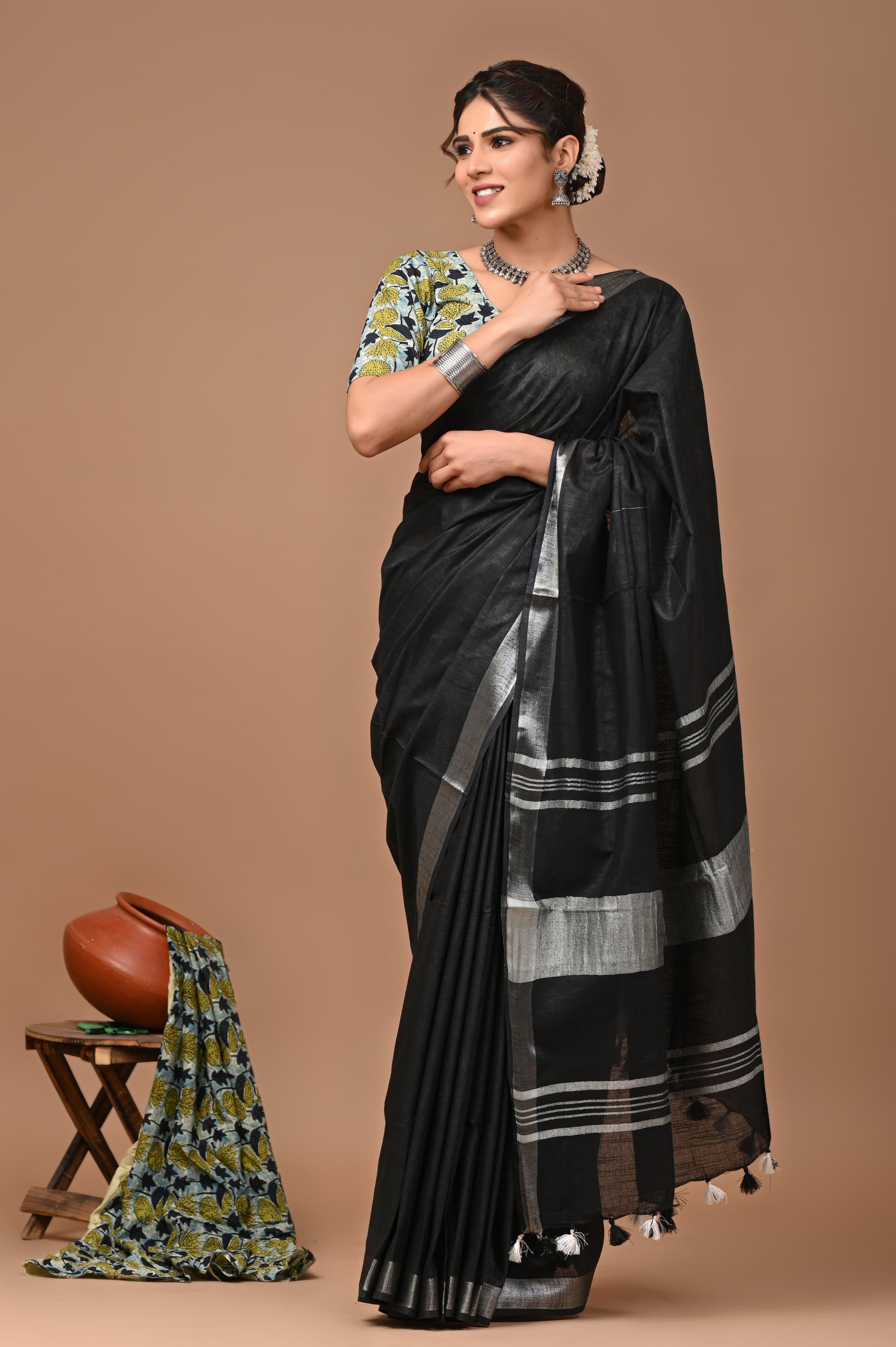 Black Linen Saree With Extra Ajrakh Printed Blouse