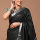 Black Linen Saree With Extra Ajrakh Printed Blouse