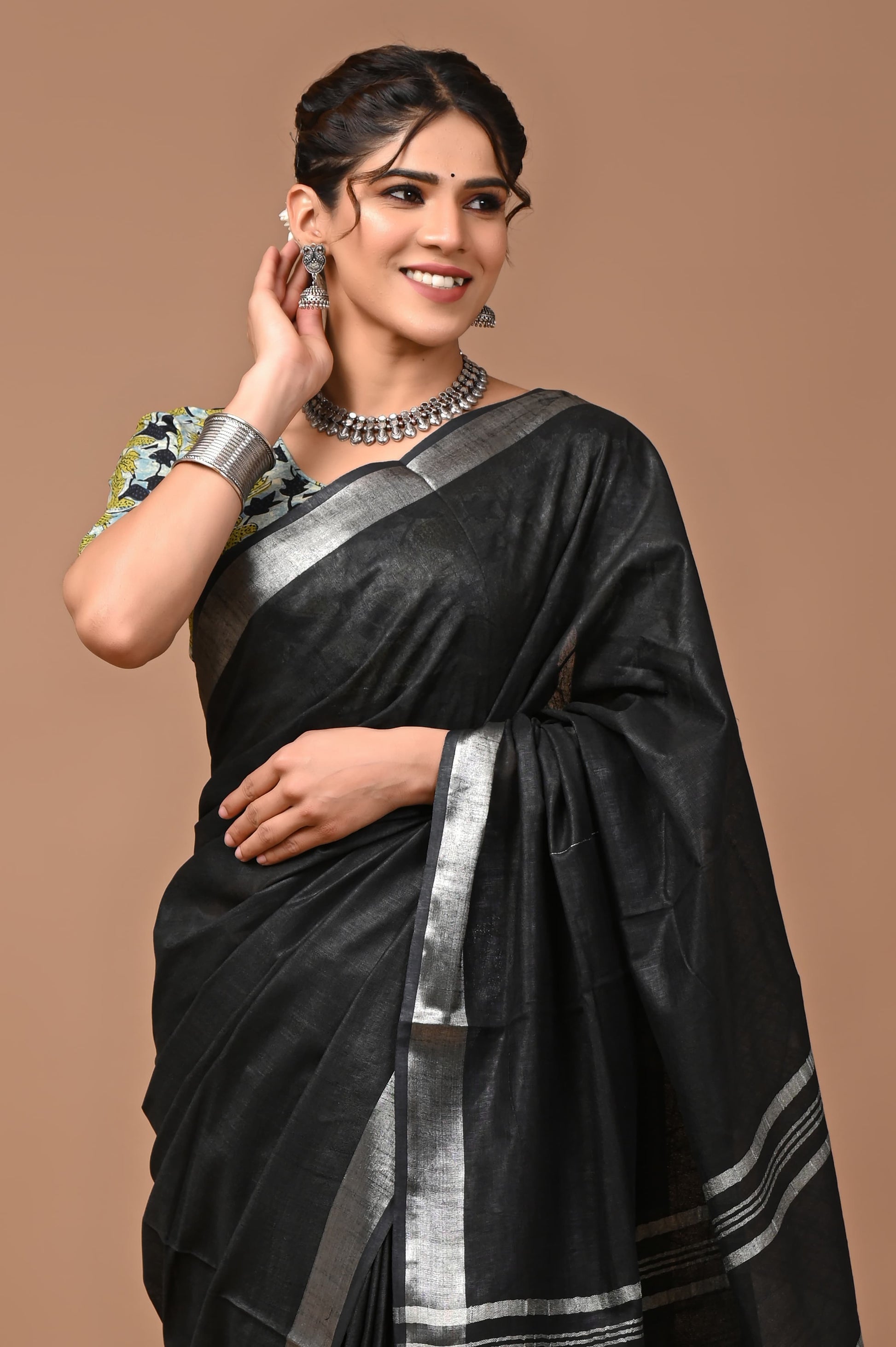 Black Linen Saree With Extra Ajrakh Printed Blouse