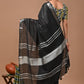 Black Linen Saree With Extra Ajrakh Printed Blouse