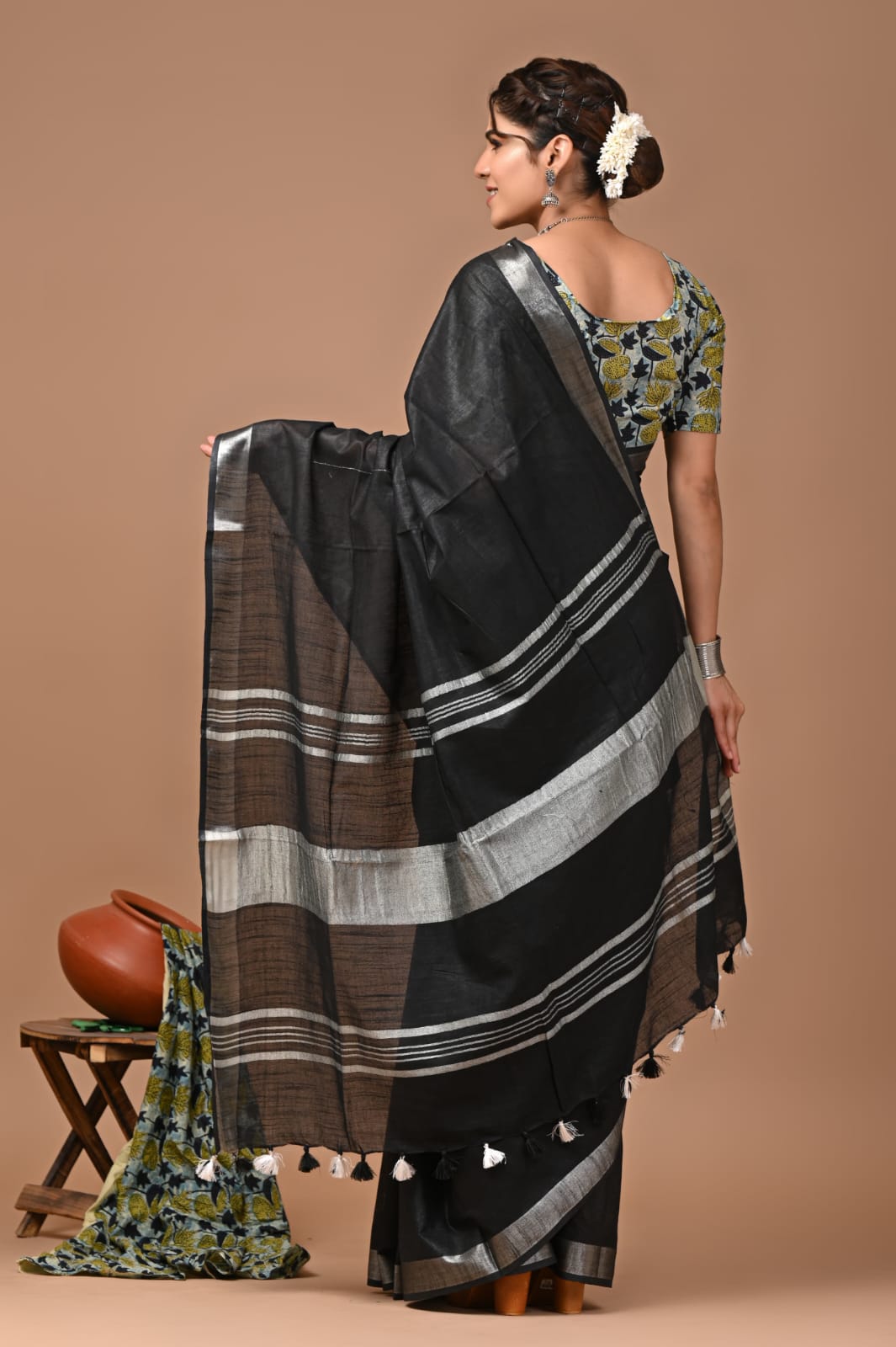 Black Linen Saree With Extra Ajrakh Printed Blouse