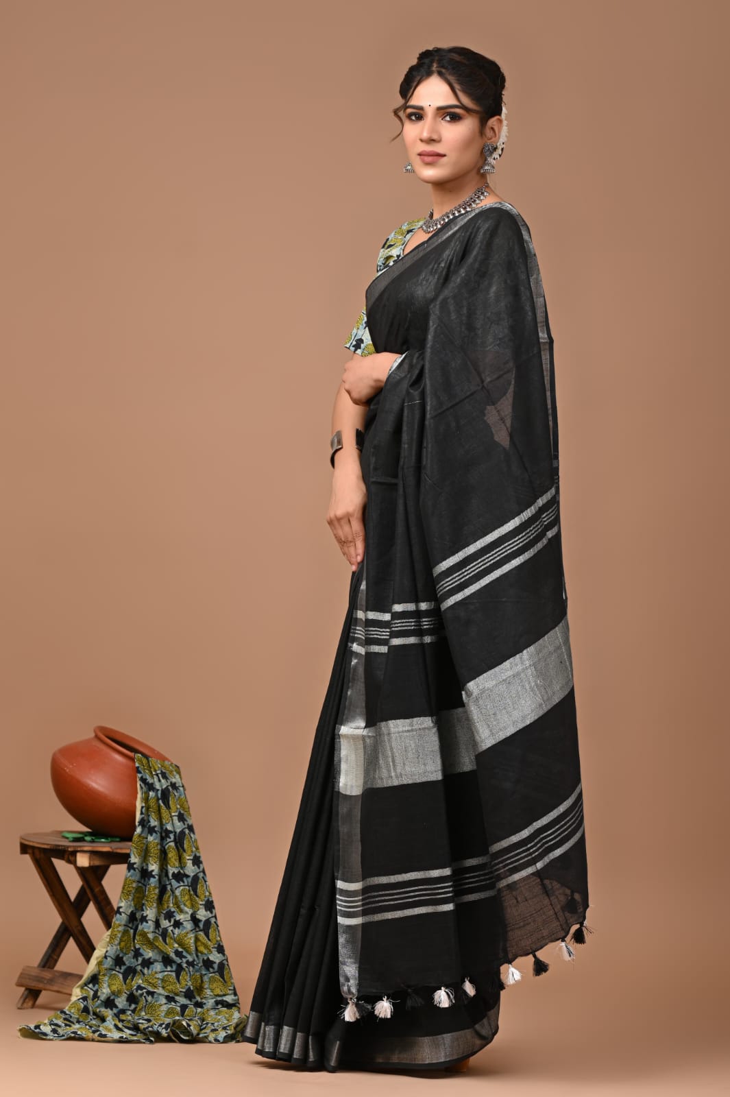 Black Linen Saree With Extra Ajrakh Printed Blouse