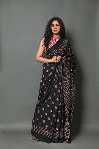 Black Floral Printed Handloom Cotton Mulmul Saree