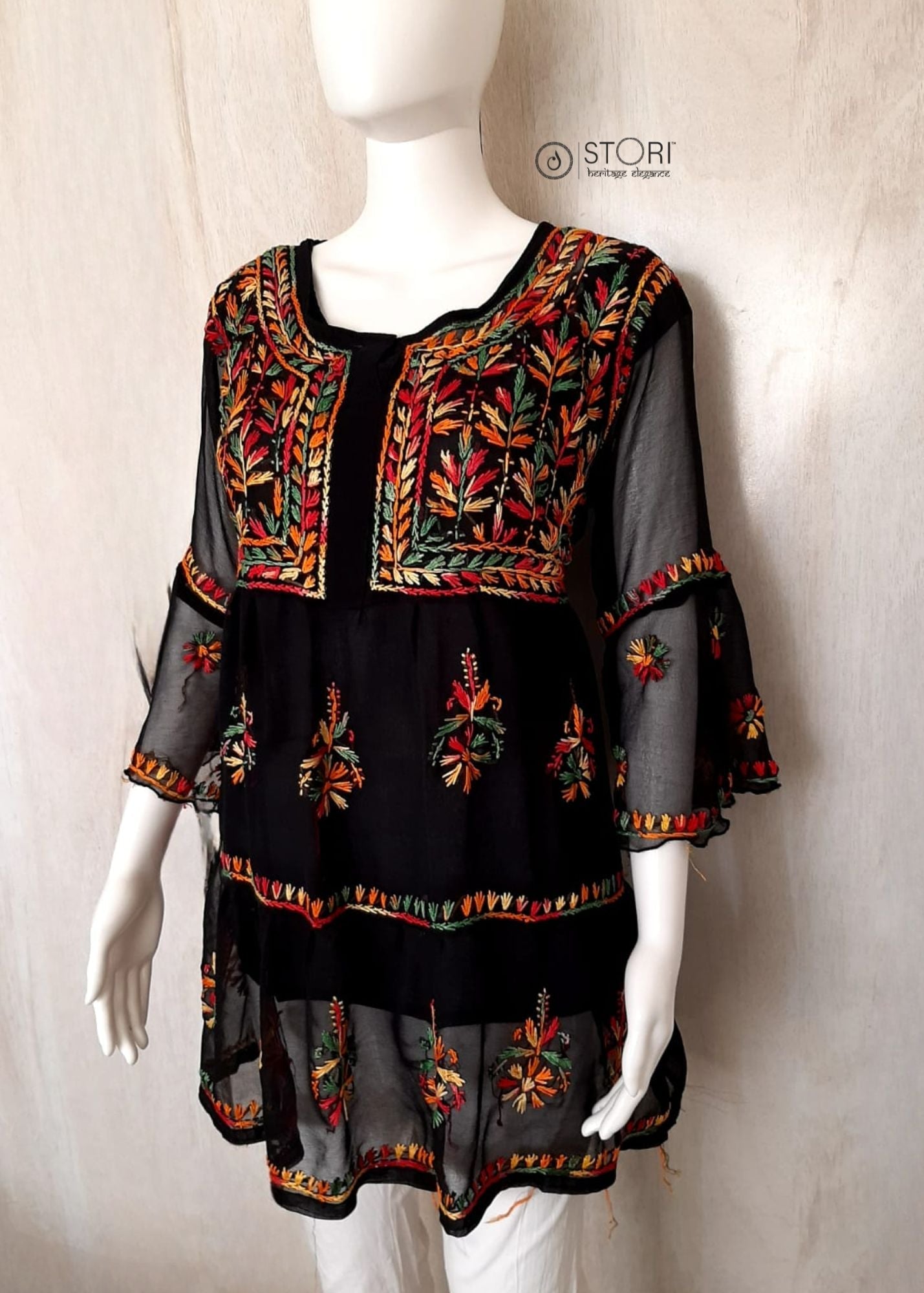 Black Layered Georgette Chikankari Short Kurti