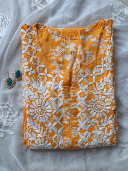 Bloom Mango Yellow Printed Mulmul Cotton Chikankari Kurti