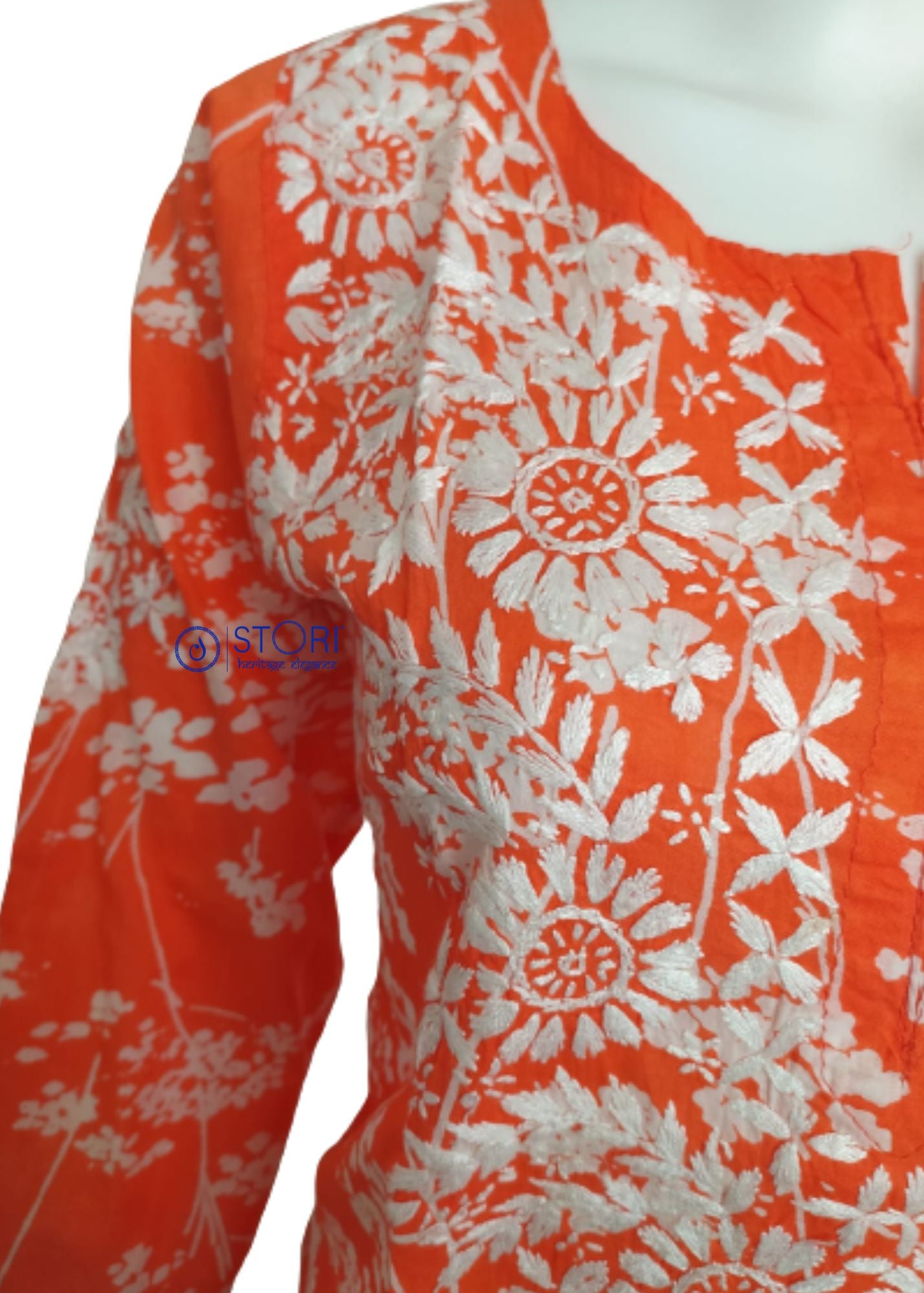 Bloom Bright Orange Printed Mulmul Cotton Chikankari Kurti