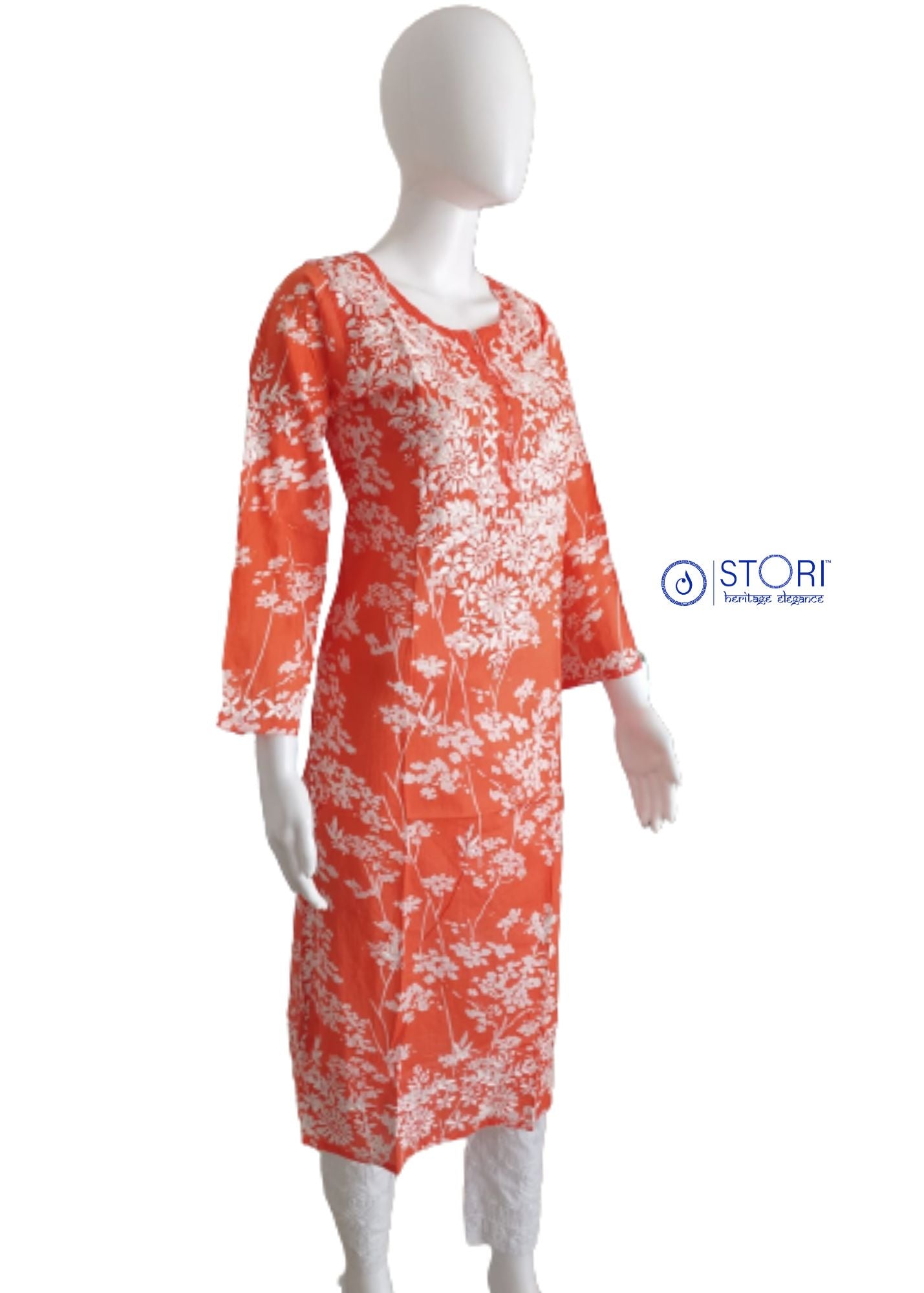 Bloom Bright Orange Printed Mulmul Cotton Chikankari Kurti