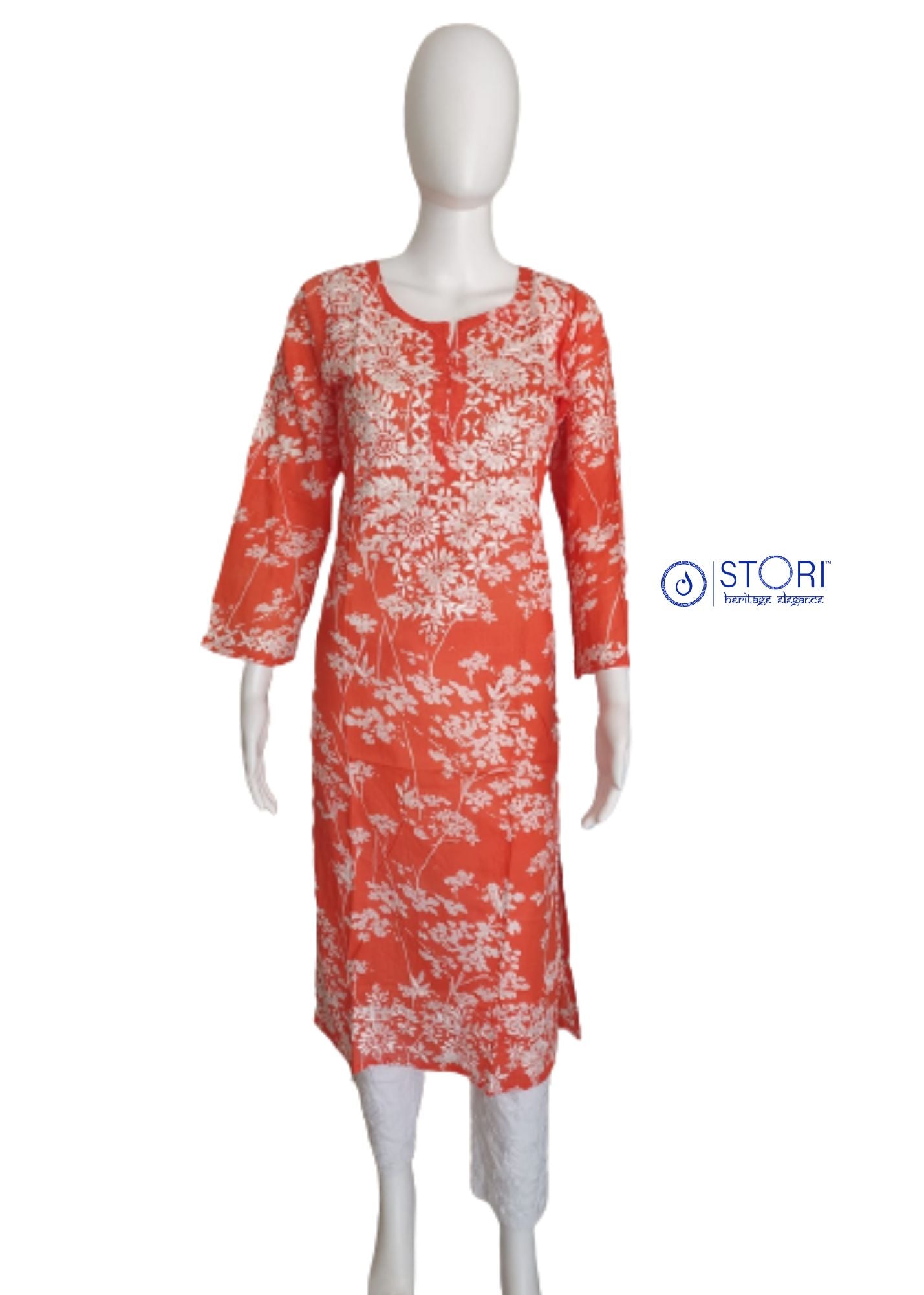 Bloom Bright Orange Printed Mulmul Cotton Chikankari Kurti