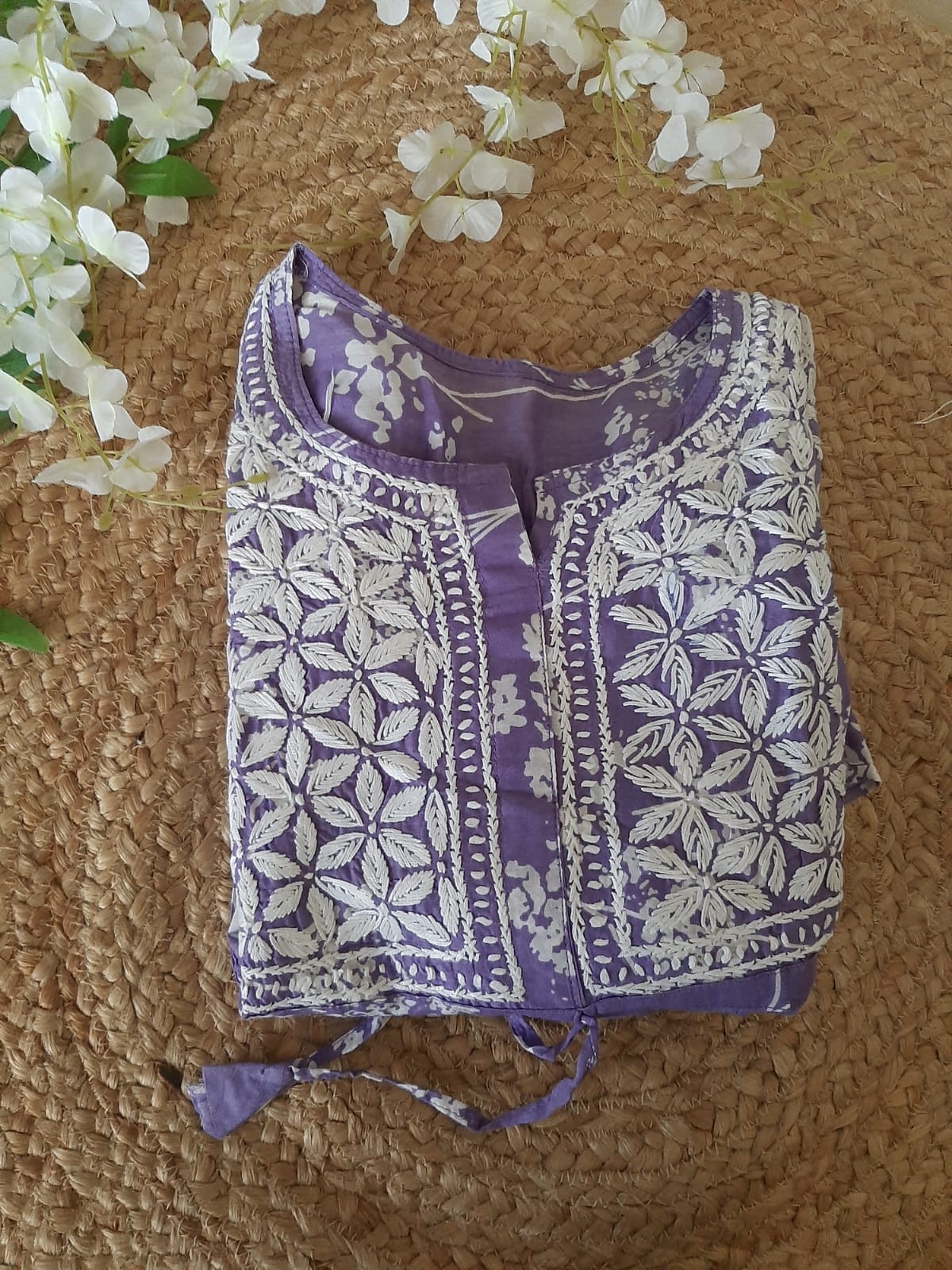 Bloom Printed Purple Cotton Mulmul Chikankari Short Kurti With Dori