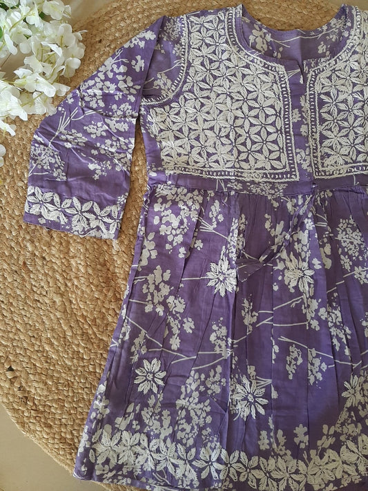 Bloom Printed Purple Cotton Mulmul Chikankari Short Kurti With Dori