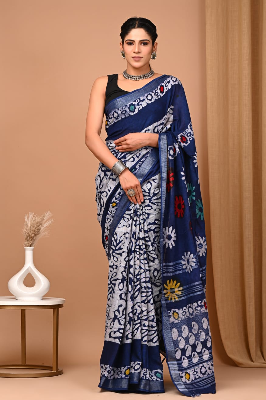 Indigo Blue Linen Saree With Multicolor Handblock Prints