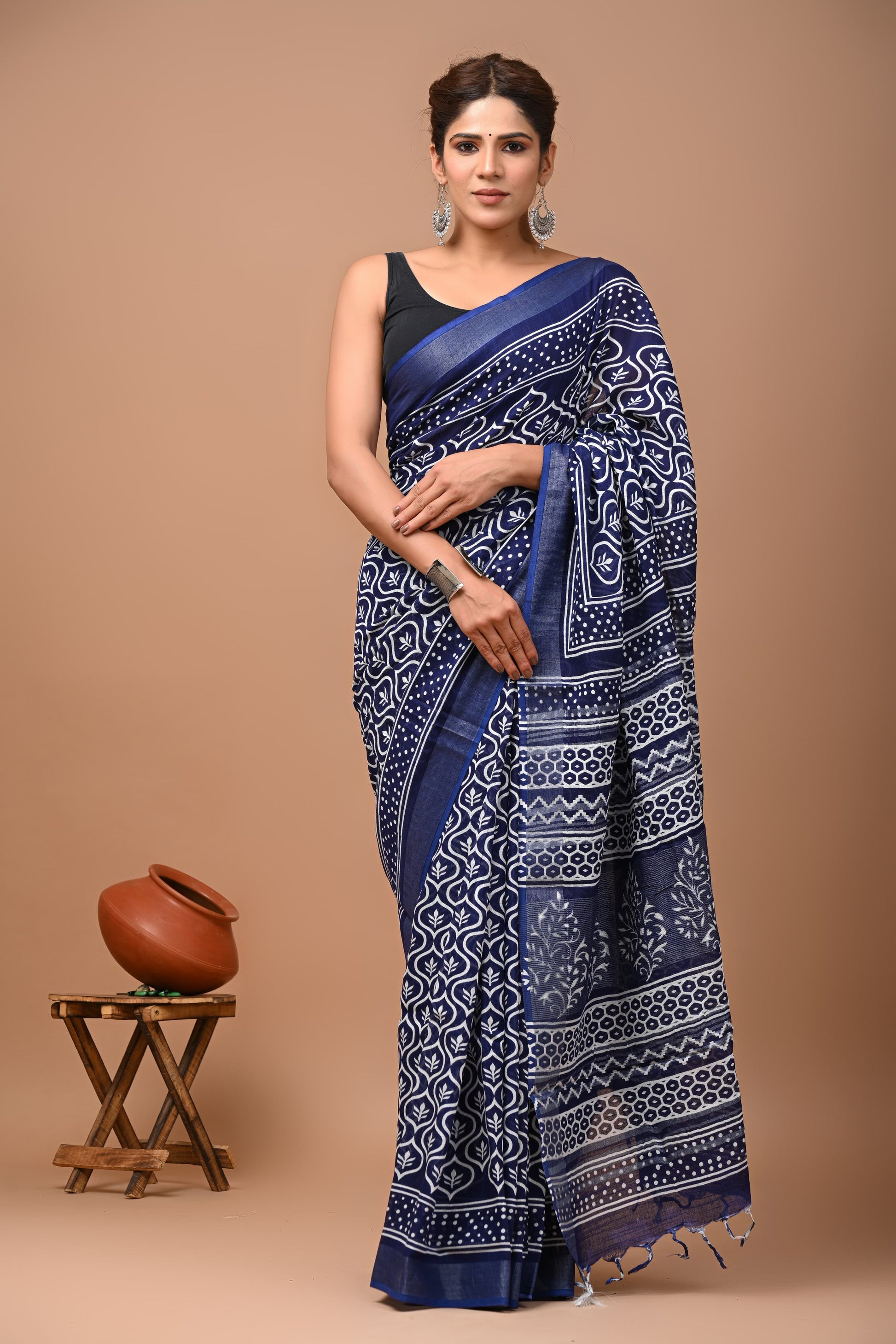 Indigo Handblock Printed Linen Saree