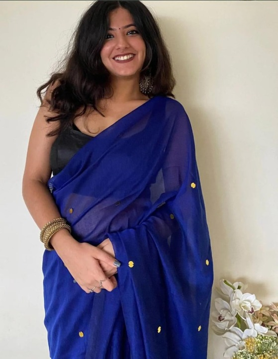 Blue Handloom Cotton Saree With Sequins