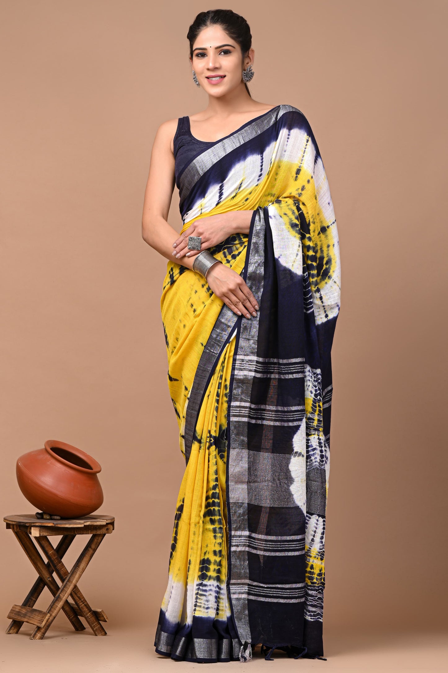 Blue & Yellow Tie-N-Dye Handloom Linen Saree