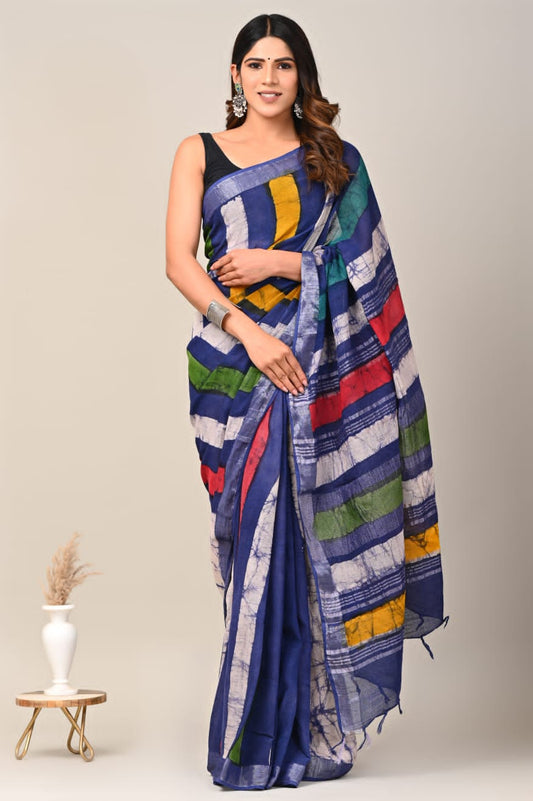 Multicolor Linen Saree With Batik Block Prints