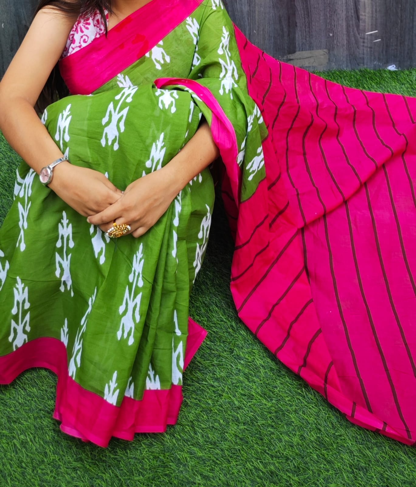 Fresh Green & Pink Cotton Mulmul Saree