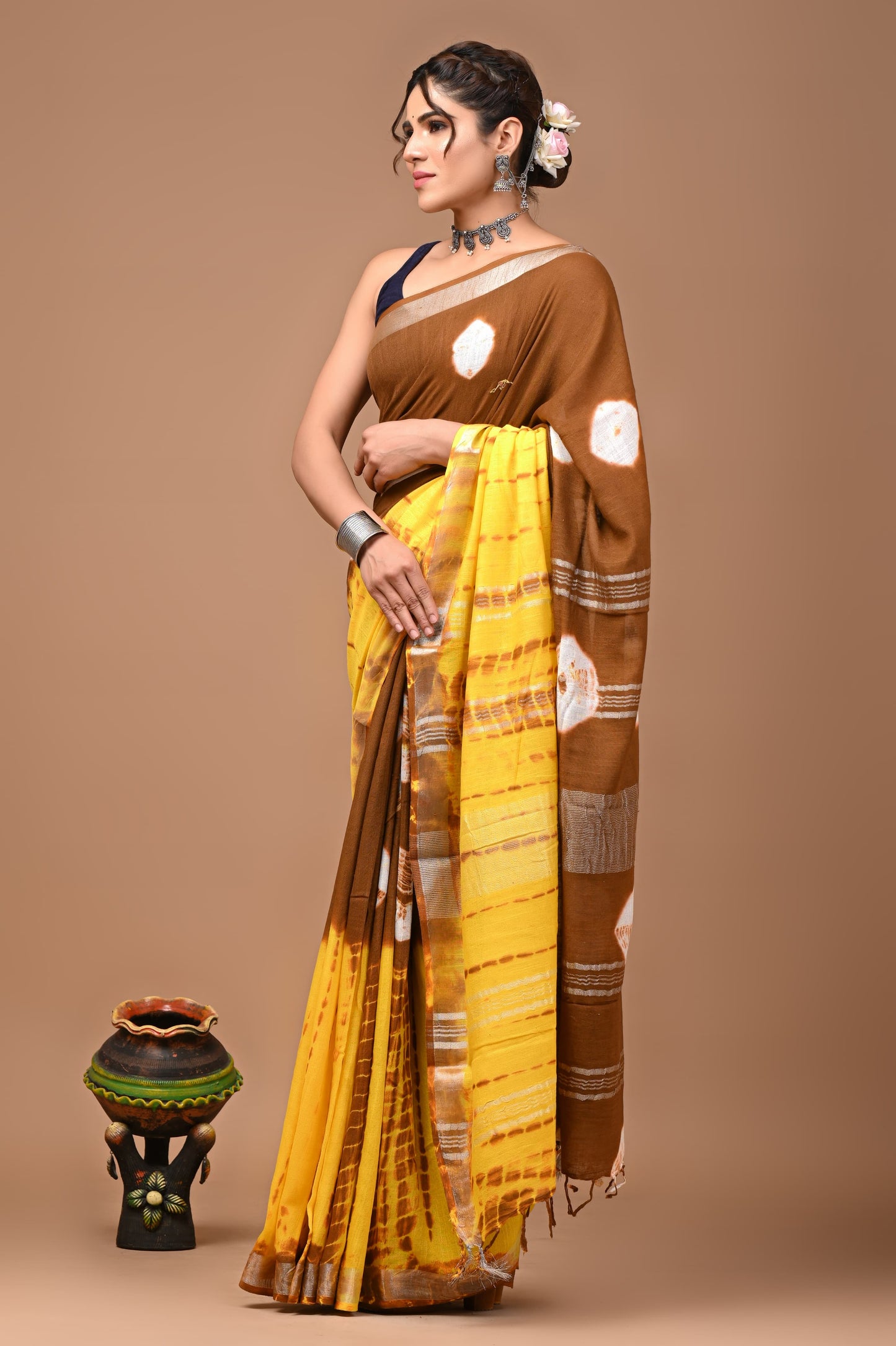 Brown & Yellow Tie-N-Dye Handloom Linen Saree