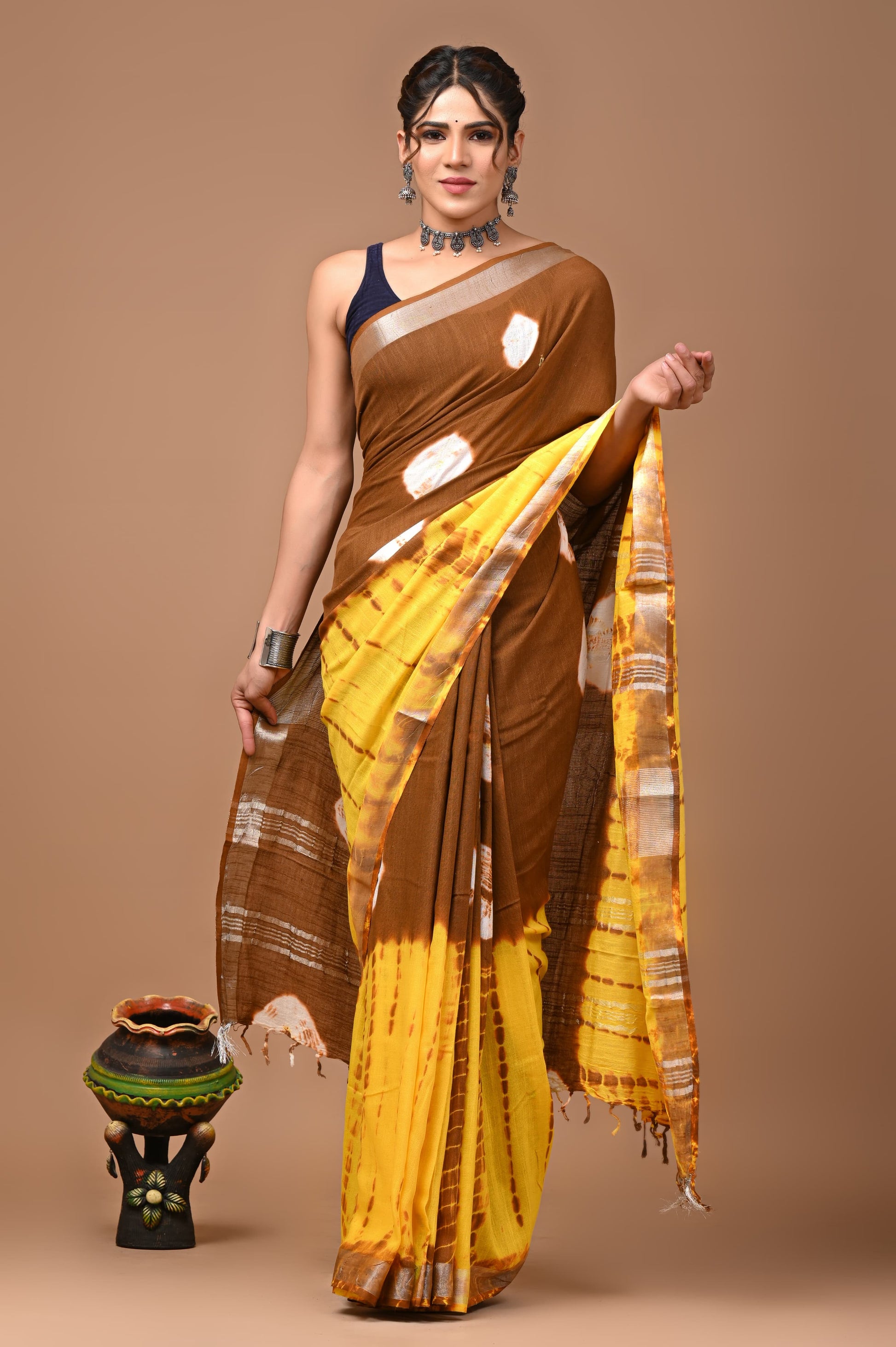 Brown & Yellow Tie-N-Dye Handloom Linen Saree