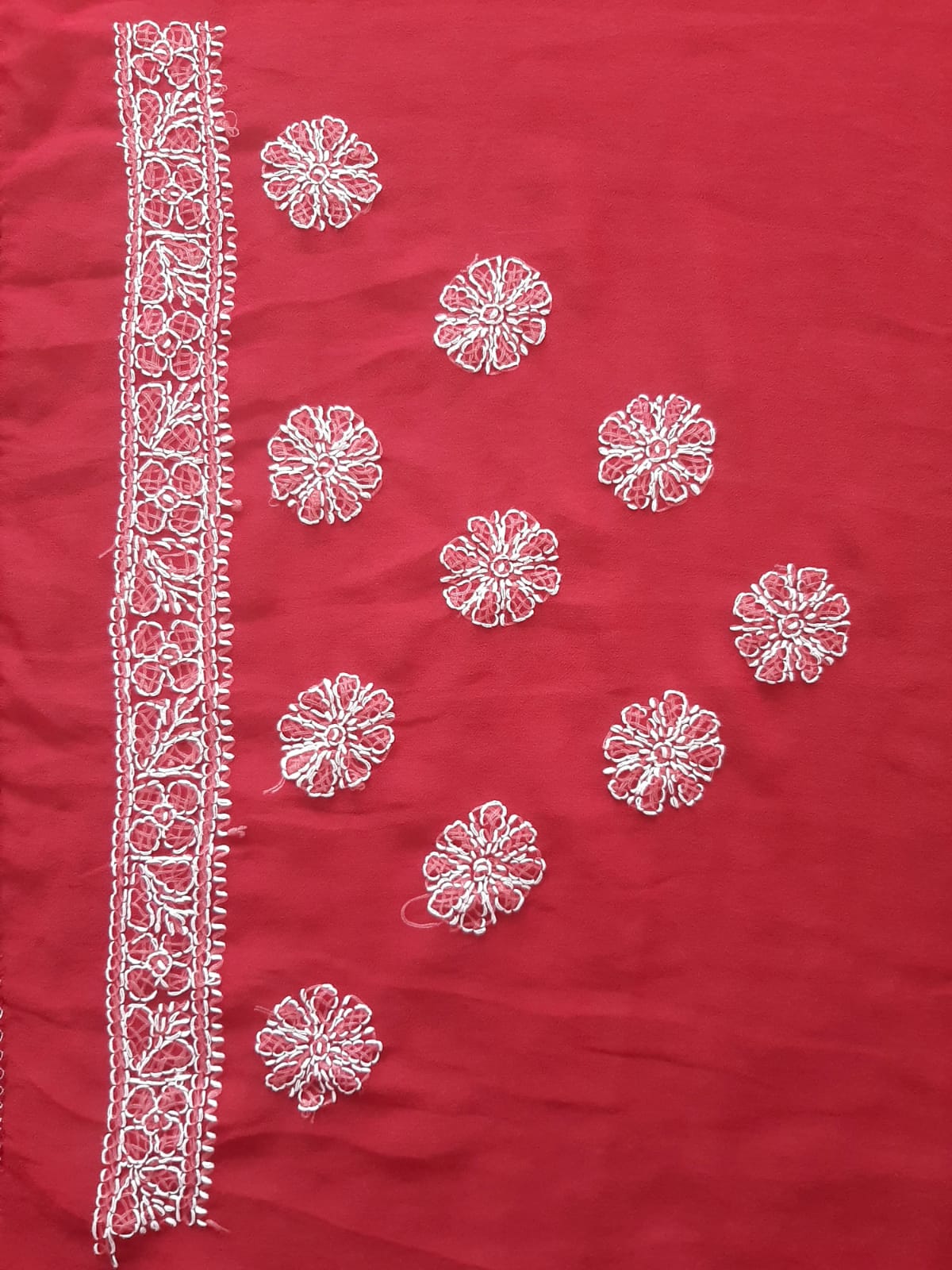 Deep Red Noor Full Jaal Hand Embroidered Lucknowi Chikankari Saree