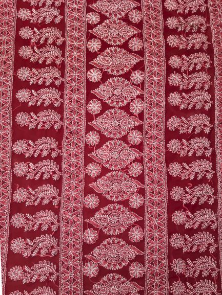 Maroon Noor Full Jaal Hand Embroidered Lucknowi Chikankari Saree