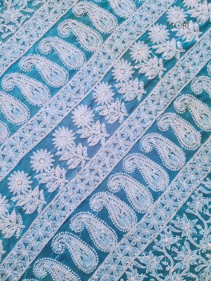 Powder Blue Noor Full Jaal Hand Embroidered Lucknowi Chikankari Saree