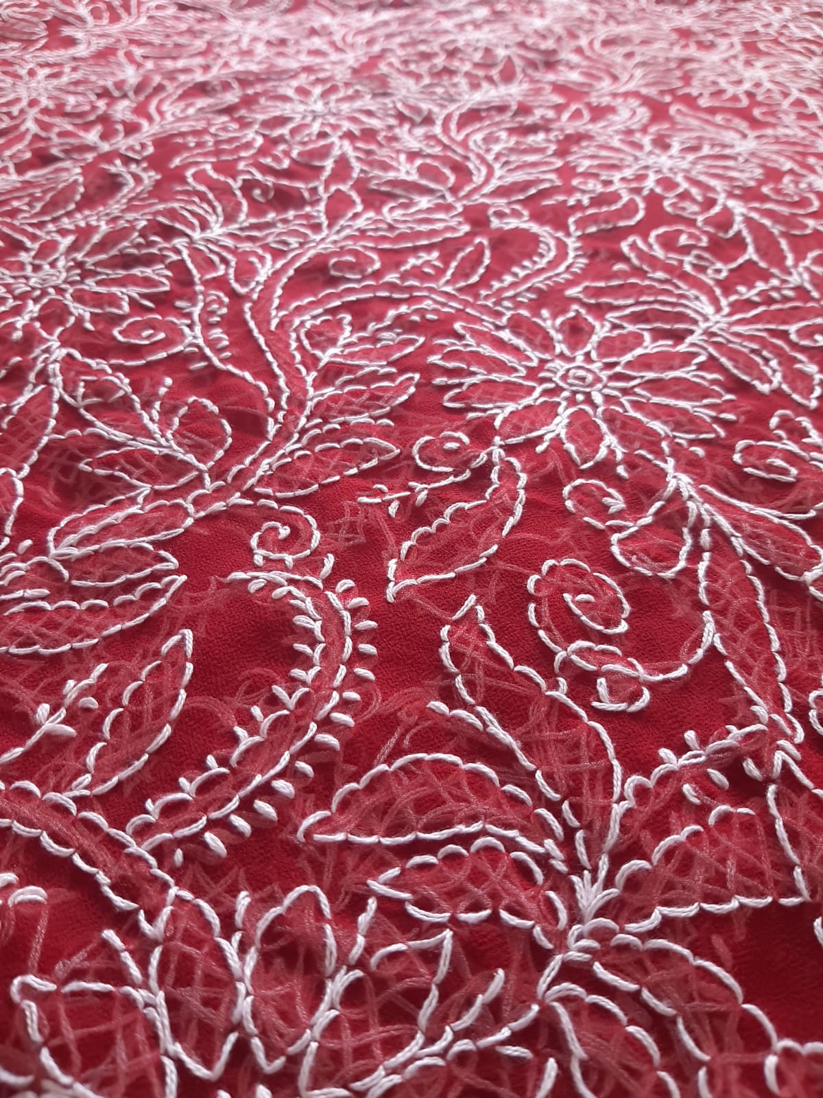 Deep Red Noor Full Jaal Hand Embroidered Lucknowi Chikankari Saree