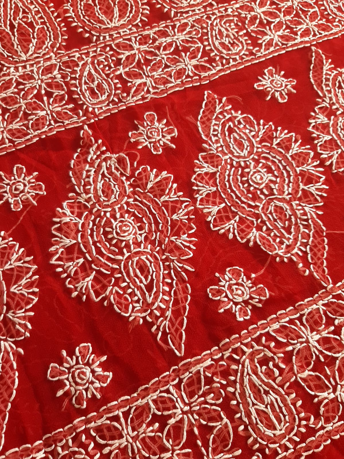 Deep Red Noor Full Jaal Hand Embroidered Lucknowi Chikankari Saree