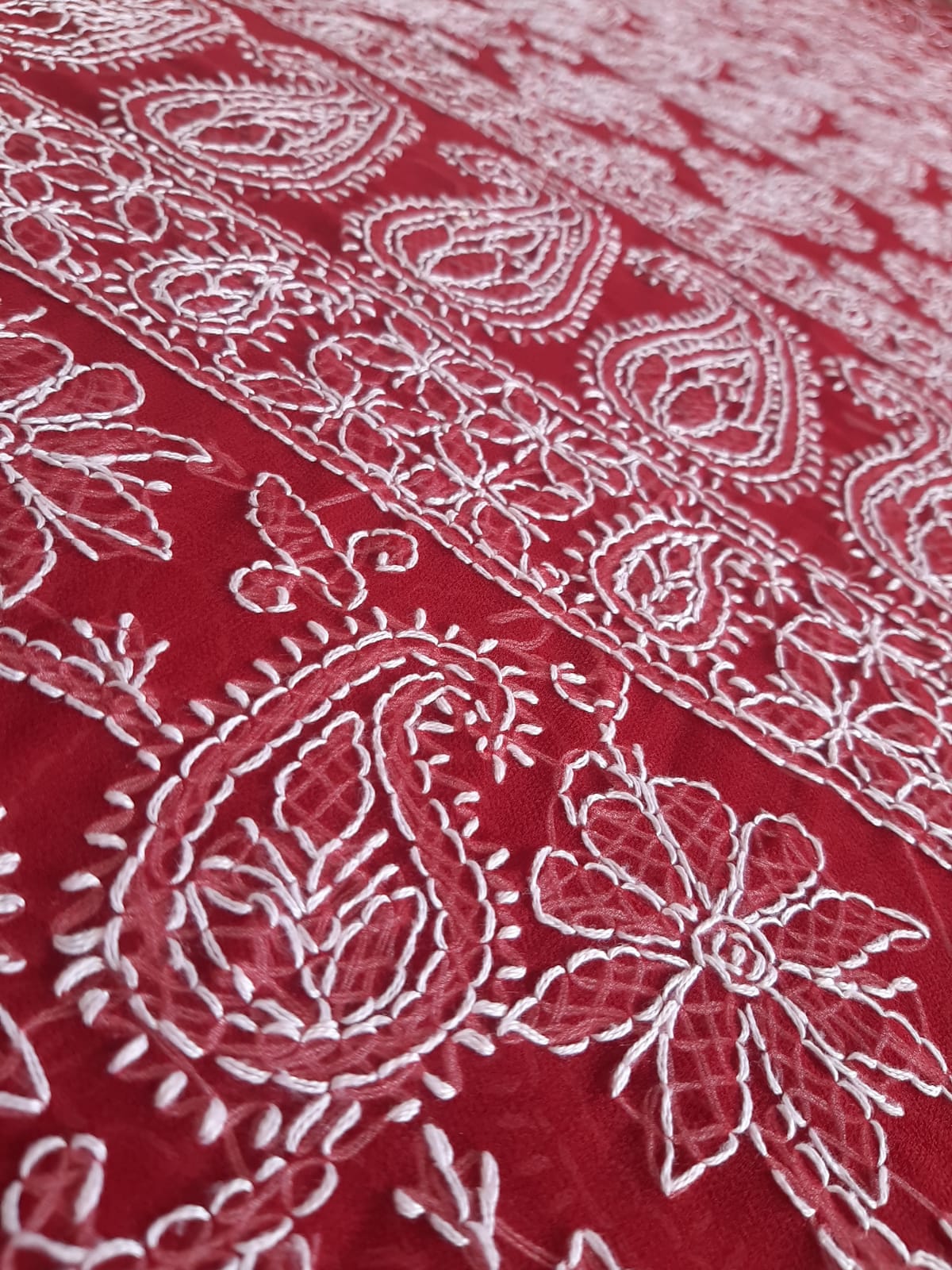 Deep Red Noor Full Jaal Hand Embroidered Lucknowi Chikankari Saree