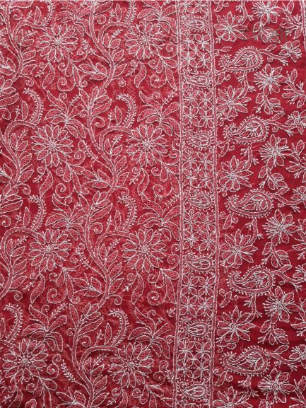 Deep Red Noor Full Jaal Hand Embroidered Lucknowi Chikankari Saree