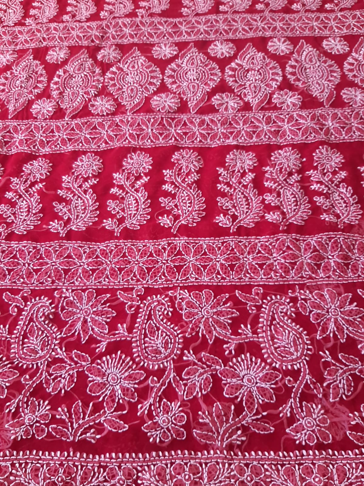 Deep Red Noor Full Jaal Hand Embroidered Lucknowi Chikankari Saree