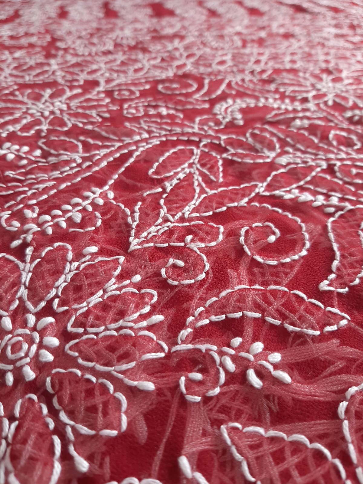 Deep Red Noor Full Jaal Hand Embroidered Lucknowi Chikankari SareeDeep Red Noor Full Jaal Hand Embroidered Lucknowi Chikankari Saree