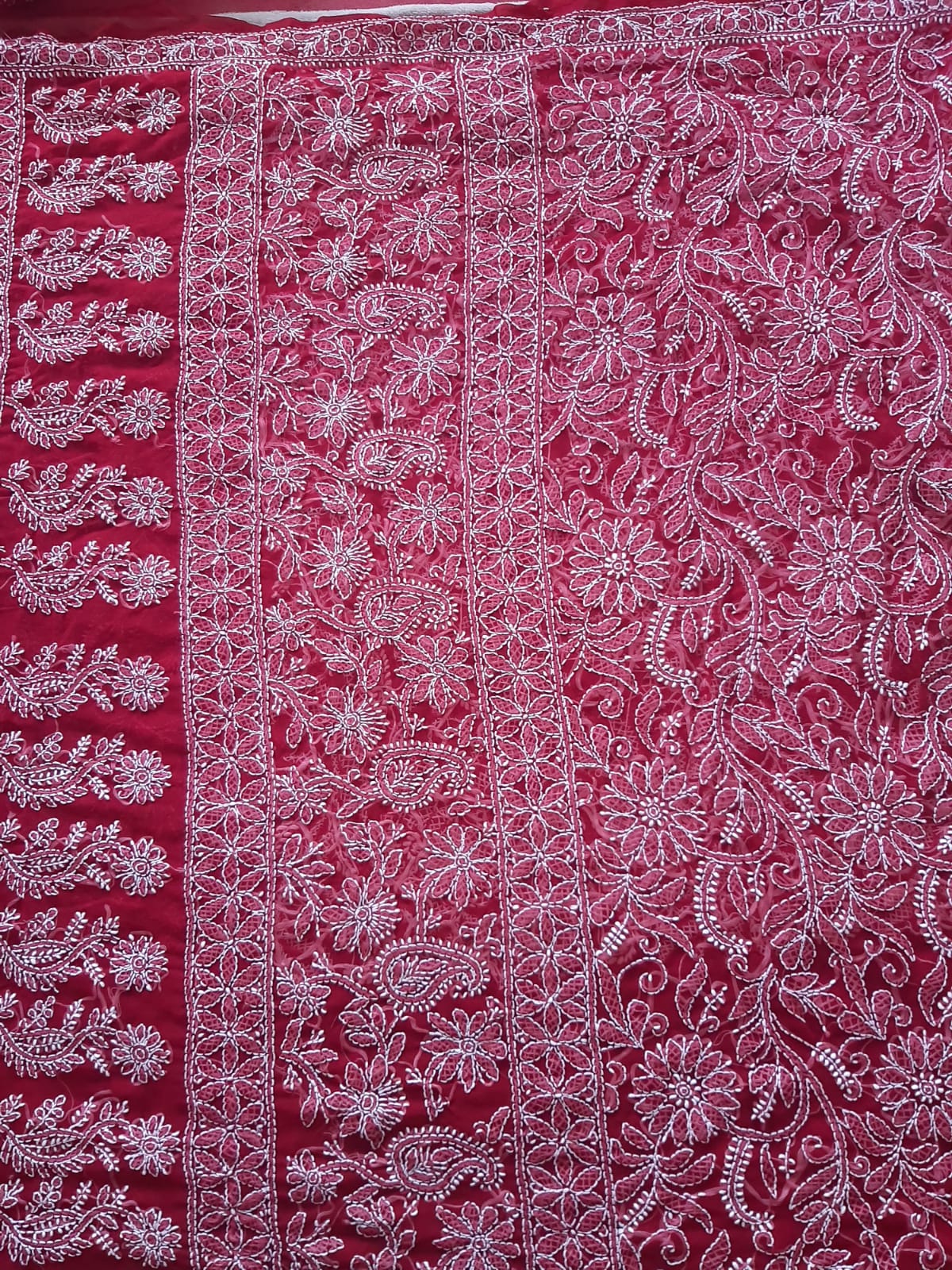 Deep Red Noor Full Jaal Hand Embroidered Lucknowi Chikankari Saree