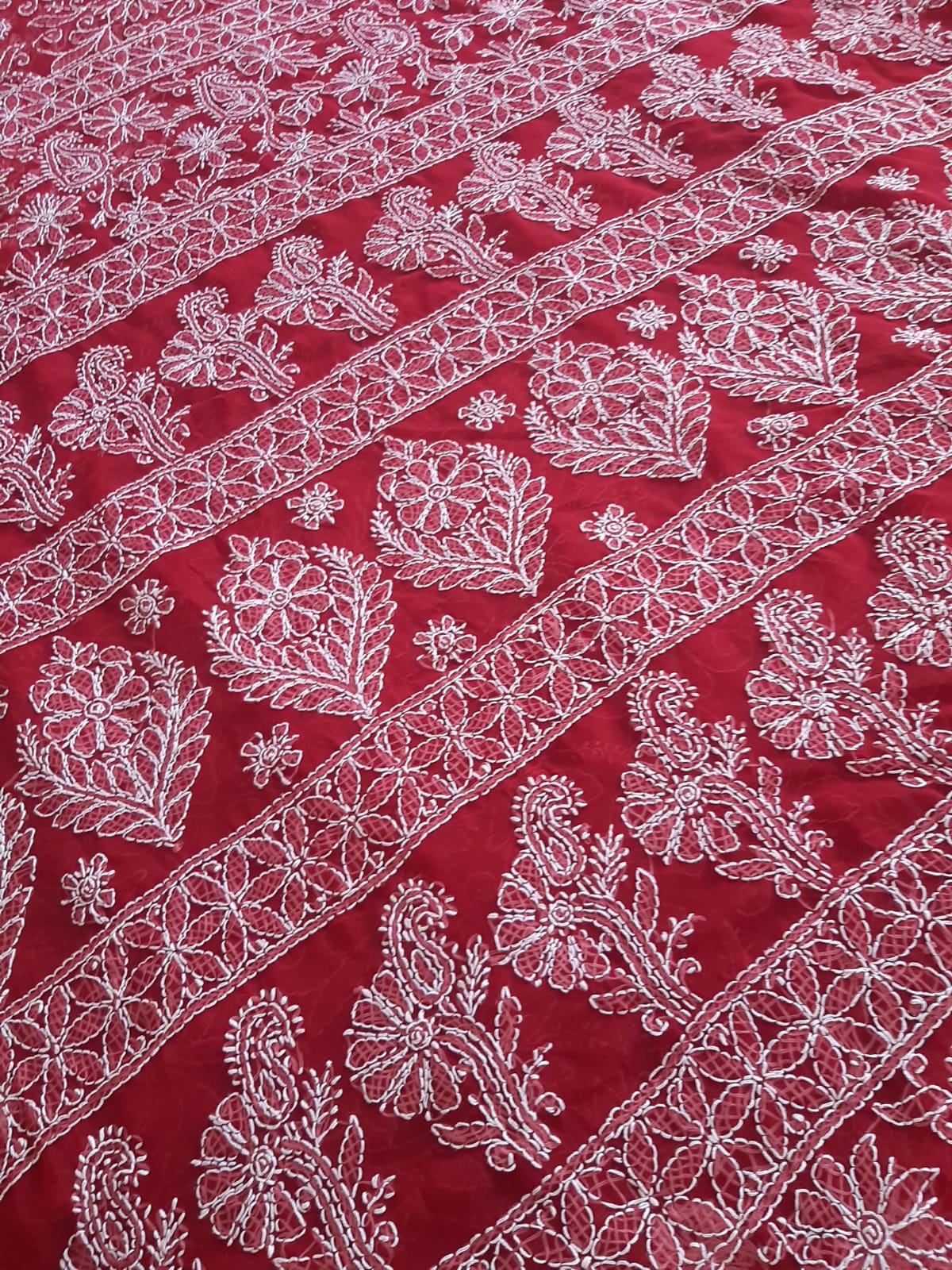 Deep Red Noor Full Jaal Hand Embroidered Lucknowi Chikankari Saree