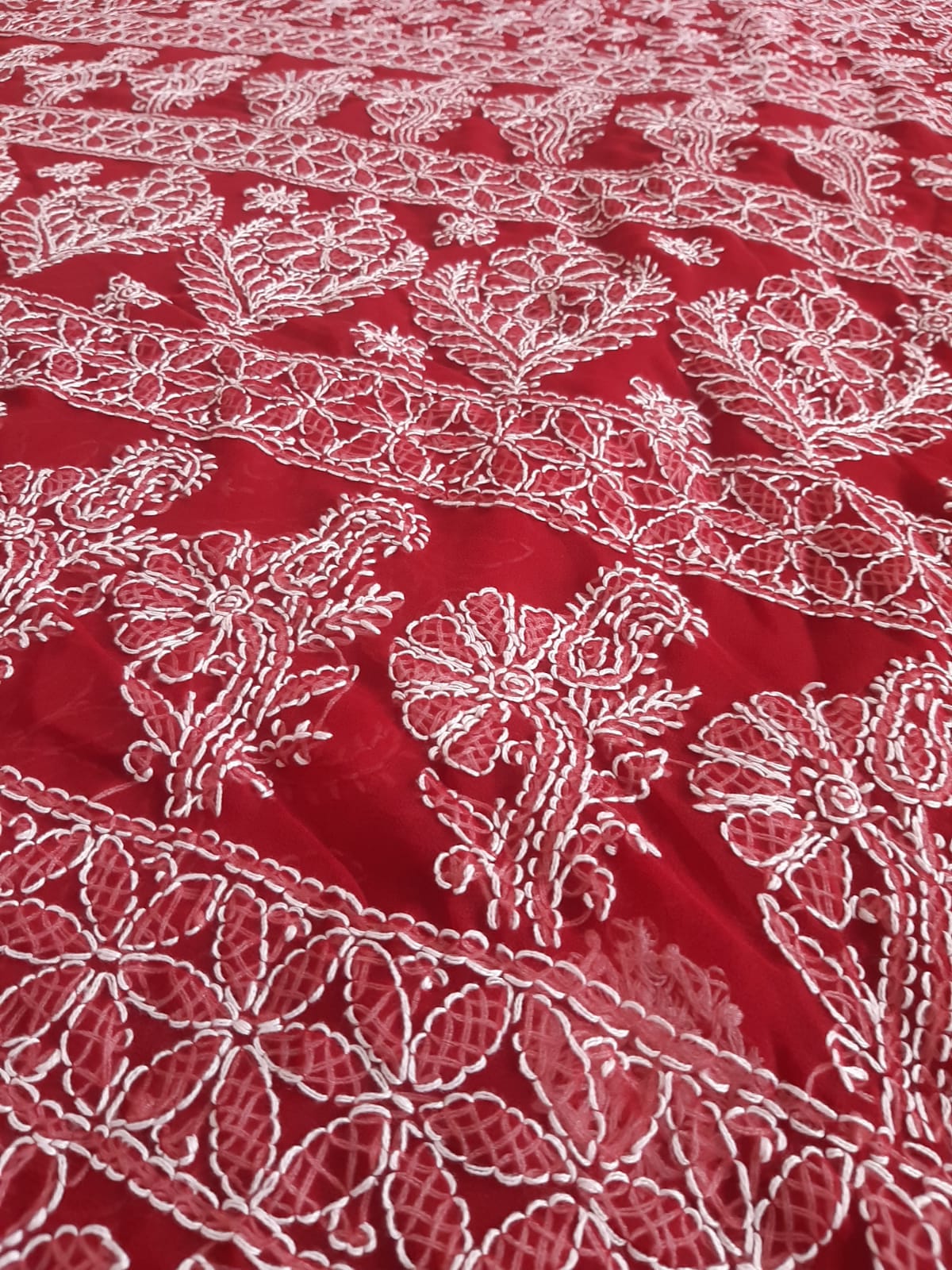 Deep Red Noor Full Jaal Hand Embroidered Lucknowi Chikankari Saree