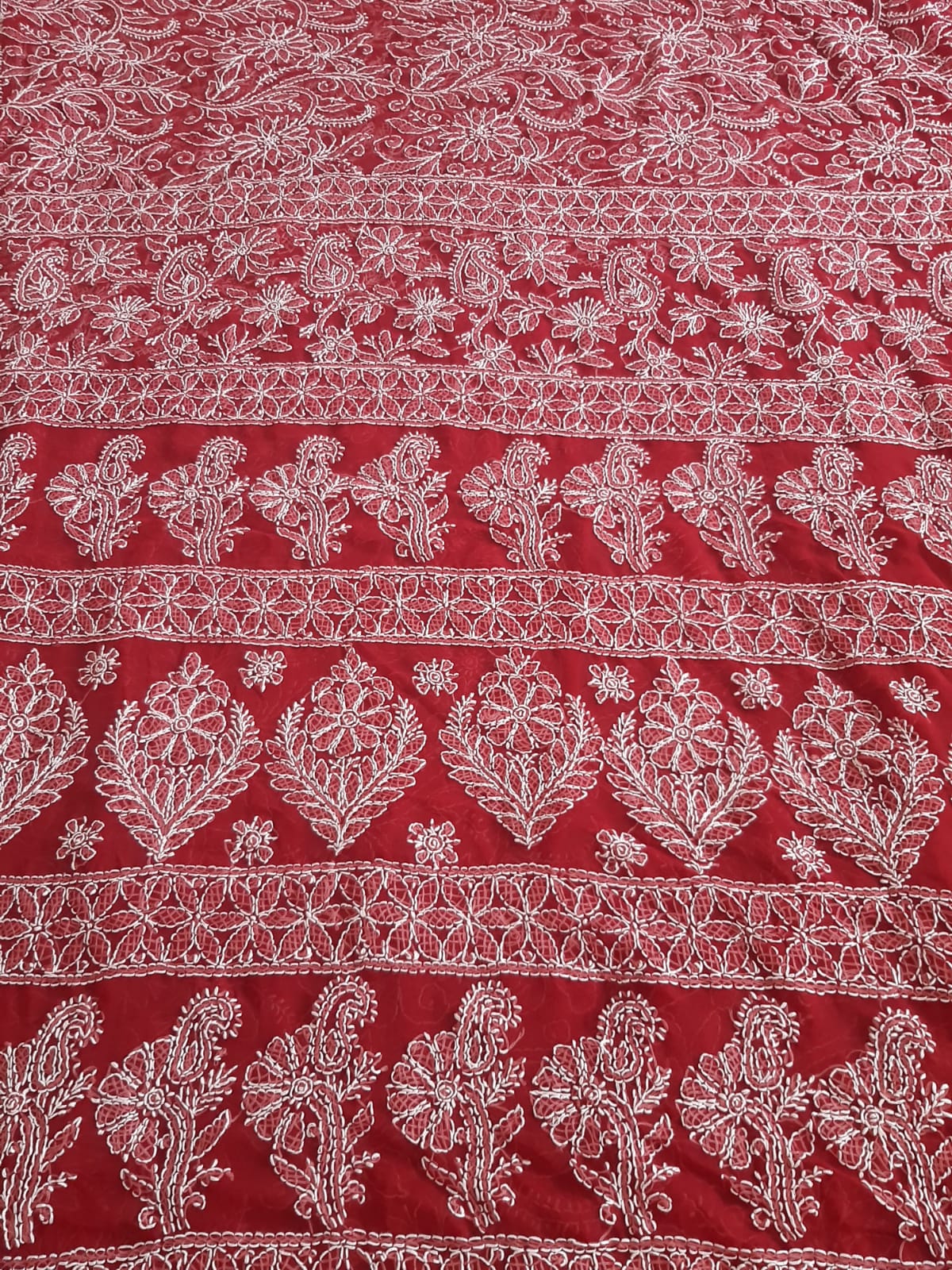 Deep Red Noor Full Jaal Hand Embroidered Lucknowi Chikankari Saree