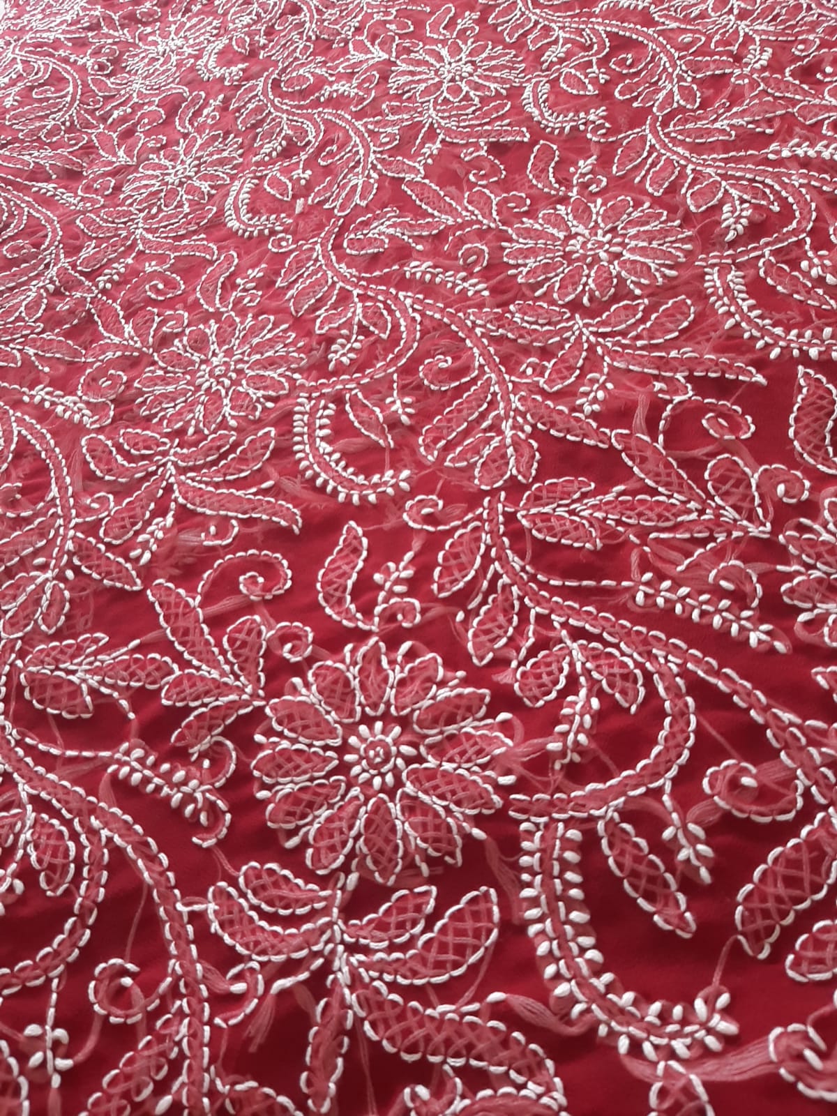 Deep Red Noor Full Jaal Hand Embroidered Lucknowi Chikankari Saree