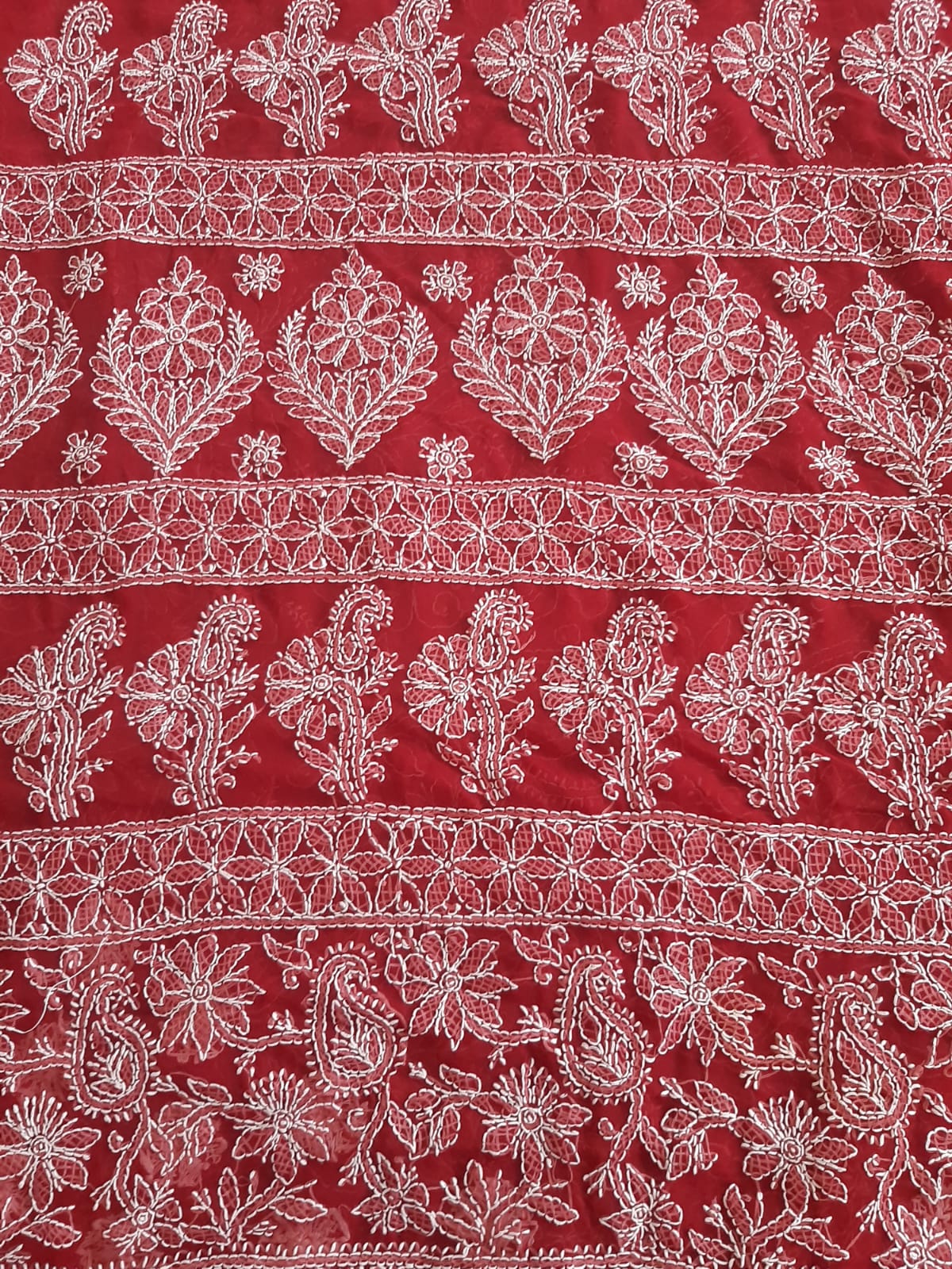 Deep Red Noor Full Jaal Hand Embroidered Lucknowi Chikankari Saree