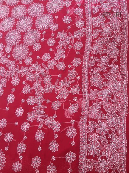 Bridal Red Surya Hand Embroidered Lucknowi Chikankari Saree