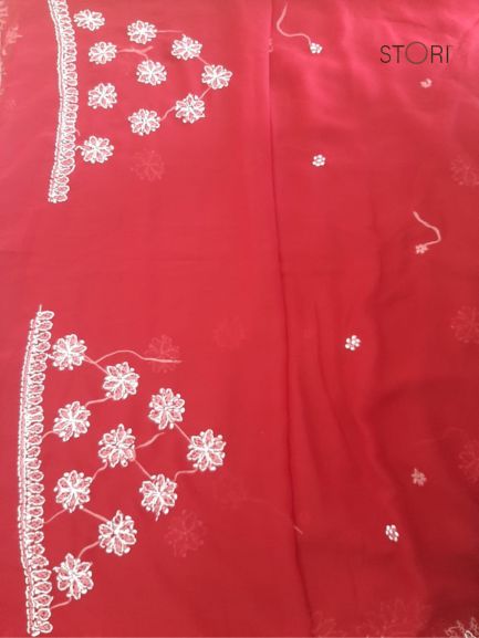 Bridal Red Surya Hand Embroidered Lucknowi Chikankari Saree