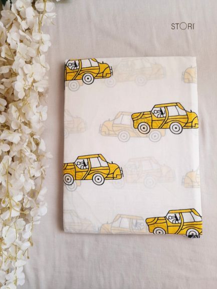 My Yellow Car Printed Handloom Cotton Mulmul Saree