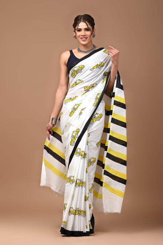 My Yellow Car Printed Handloom Cotton Mulmul Saree