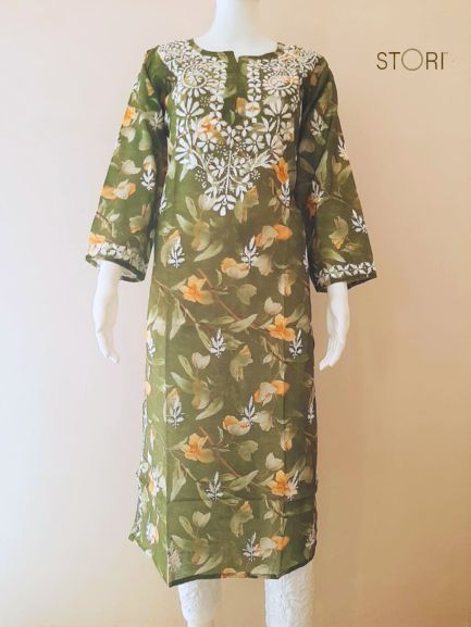 Olive Green Printed Chanderi Chikankari Kurti