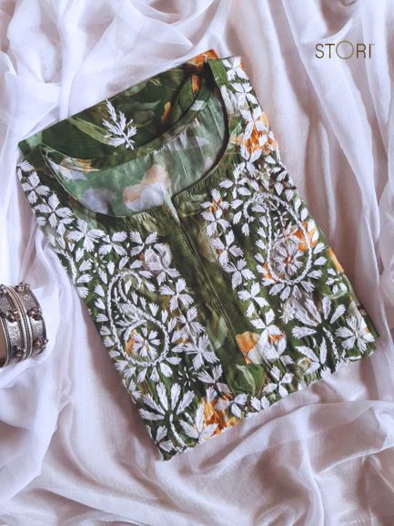 Olive Green Printed Chanderi Chikankari Kurti