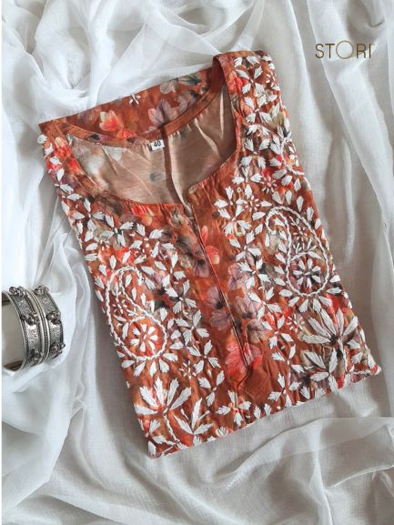 Teracotta Brown Printed Chanderi Chikankari Kurti