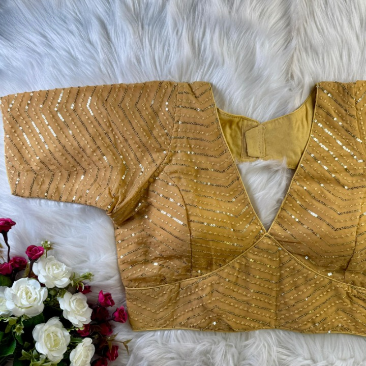 Gold V-Neck Sequined Georgette Designer Blouse