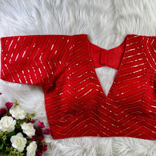 Red V-Neck Sequined Georgette Designer Blouse