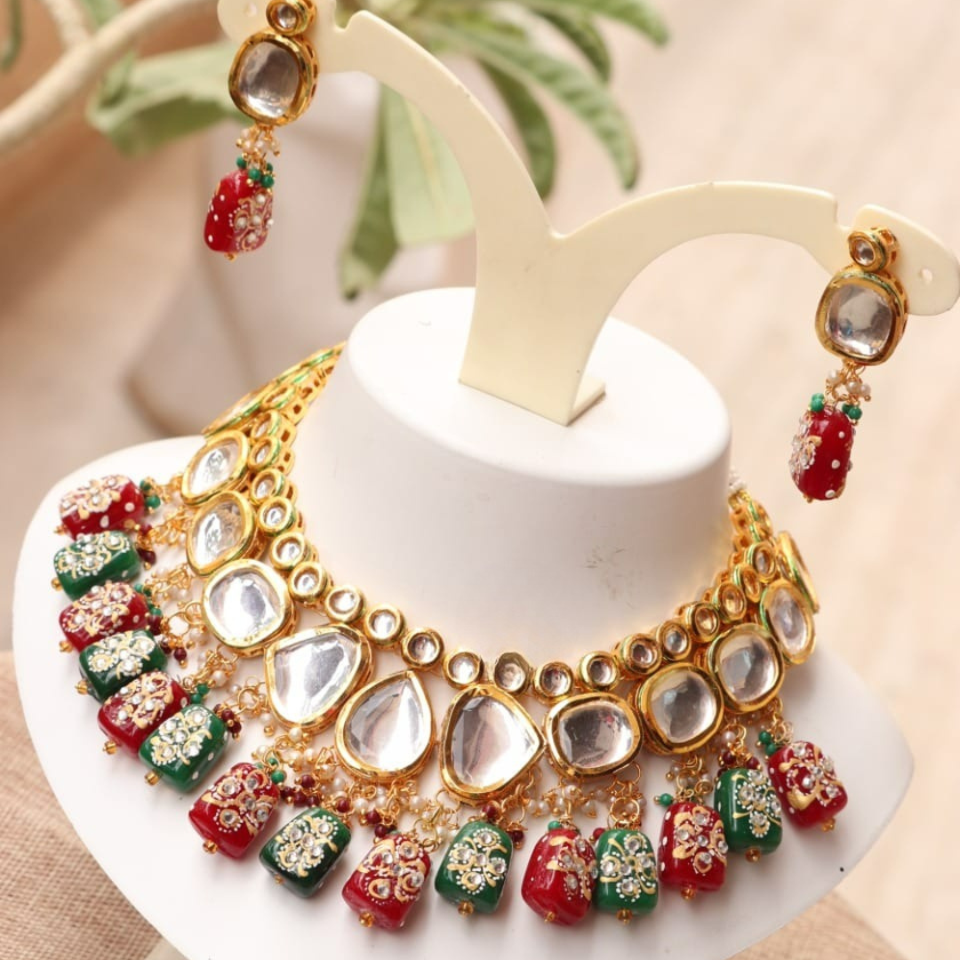 Devayani Red & Green Tanjore Tumbles Kundan Choker Set