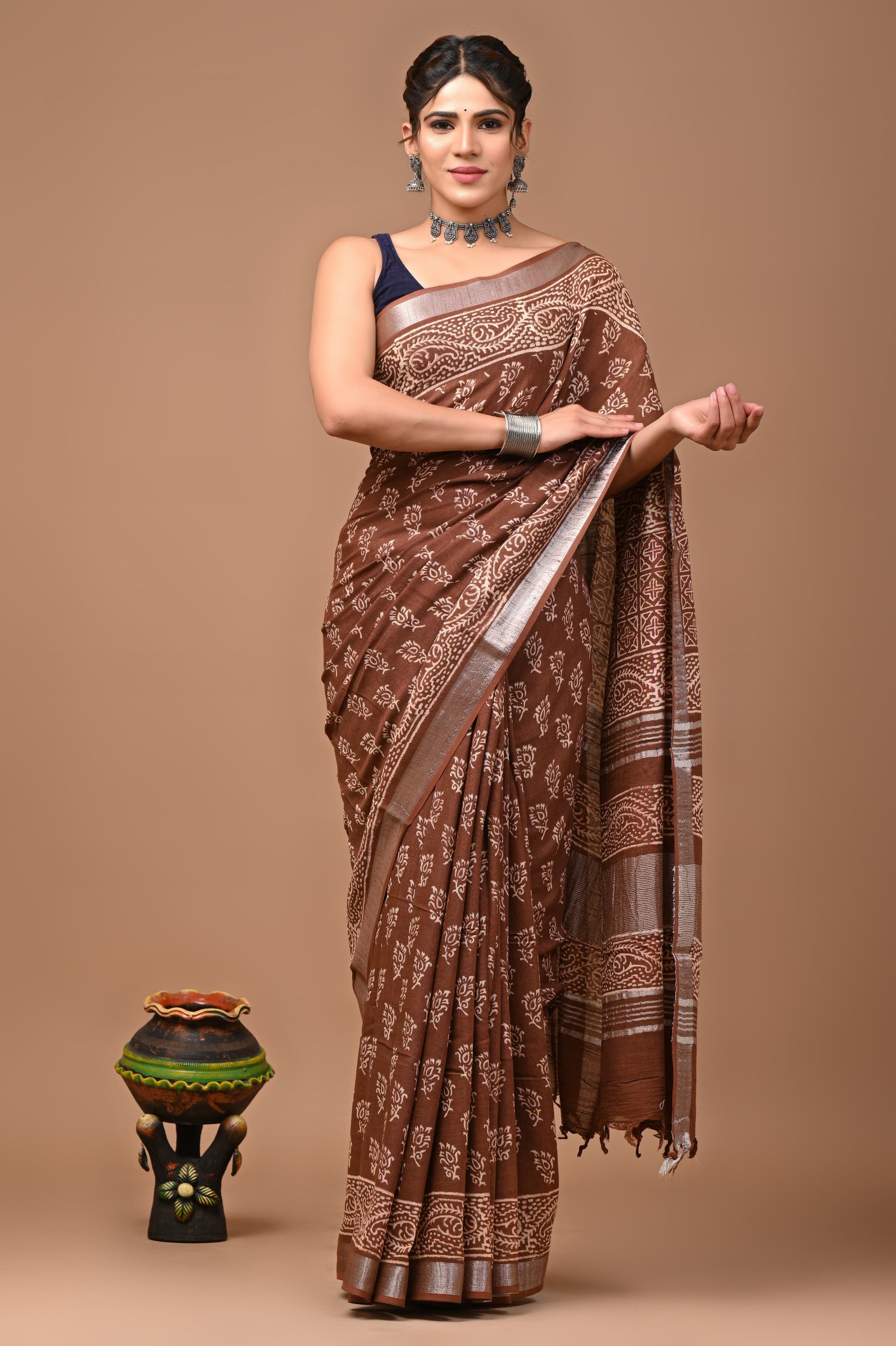 Coffee Brown Linen Saree With Handblock Floral Prints