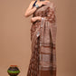 Coffee Brown Linen Saree With Handblock Floral Prints