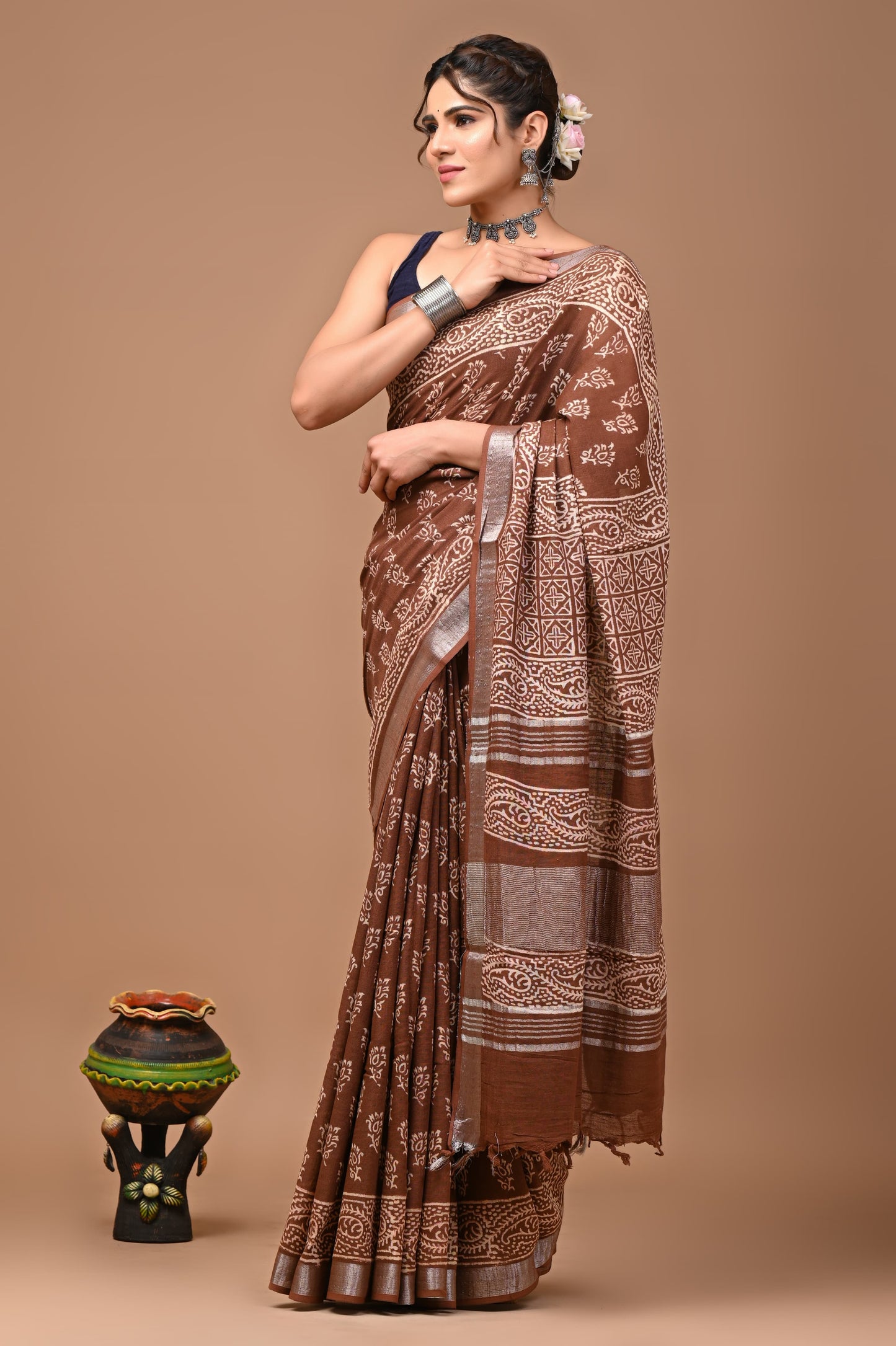 Coffee Brown Linen Saree With Handblock Floral Prints